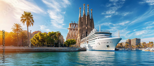 A modern cruise ship enters the port of Barcelona, with the famous Sagrada FamГ­lia and palm trees in the foreground. 