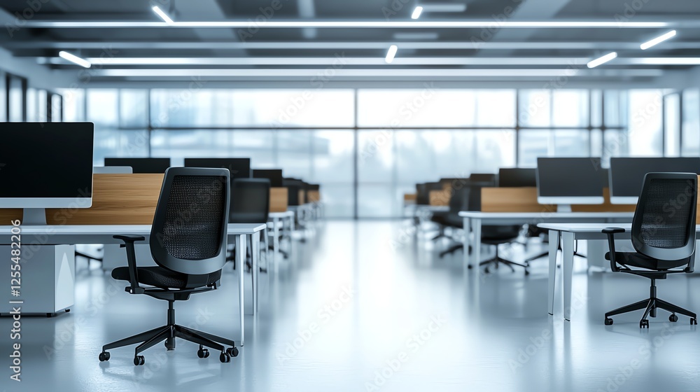 Modern office interior featuring multiple workstations with ergonomic chairs and computers. Bright and spacious environment designed for productivity and collaboration. Modern office interior featuring multiple workstations with ergonomic chairs and computers. Bright and spacious environment designed for productivity and collaboration.