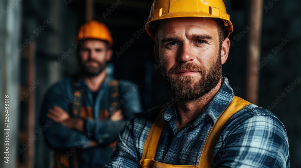 A serious construction worker in a hard hat poses confidently in a construction setting, representing dedication, strength, and craftsmanship in outdoor labor. A serious construction worker in a hard hat poses confidently in a construction setting, representing dedication, strength, and craftsmanship in outdoor labor.