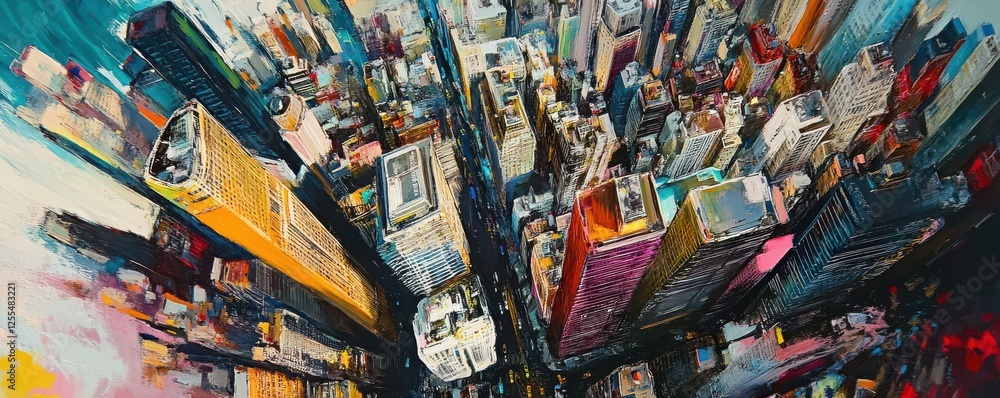 Fototapeta premium Vibrant aerial cityscape painting with colorful skyscrapers and dynamic urban energy