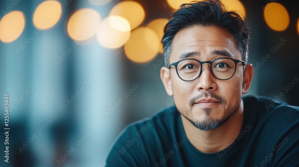 A serious man with glasses gazes thoughtfully from a modern studio, suggesting focus and determination in his professional environment. A serious man with glasses gazes thoughtfully from a modern studio, suggesting focus and determination in his professional environment.