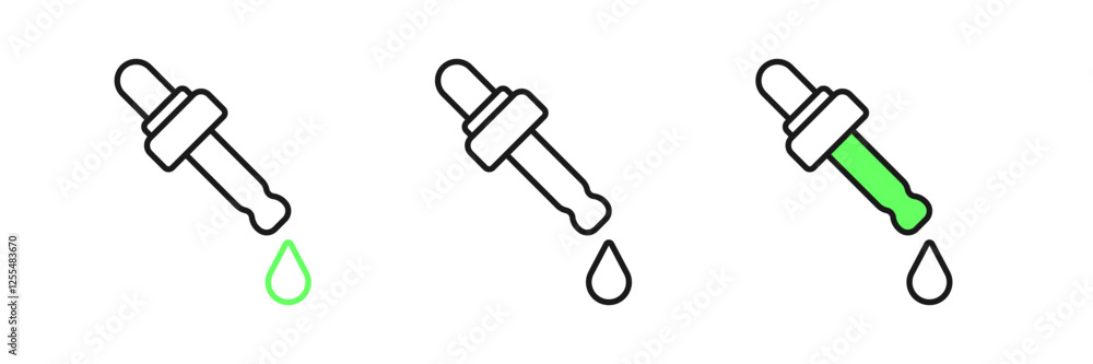 Set line Pipette with oil icon isolated on white background. Organic aromatherapy essence. Skin care serum glass drop package. Vector Set line Pipette with oil icon isolated on white background. Organic aromatherapy essence. Skin care serum glass drop package. Vector