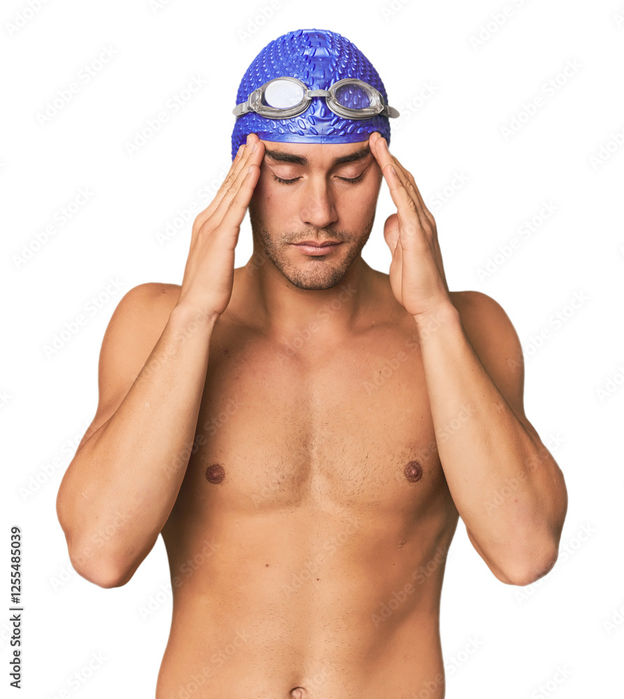 Fototapeta premium Young Hispanic man with swim gear touching temples and having headache.