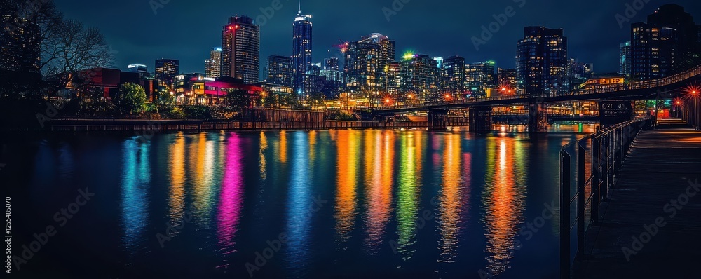 Fototapeta premium Vibrant night skyline reflection over serene river in urban cityscape