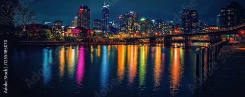 Vibrant night skyline reflection over serene river in urban cityscape