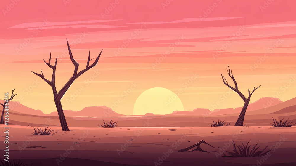 serene desert landscape at sunset with dry trees and warm colors serene desert landscape at sunset with dry trees and warm colors