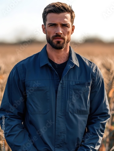 Handsome farmer standing in his field of wheat looking at camera with a serious expression