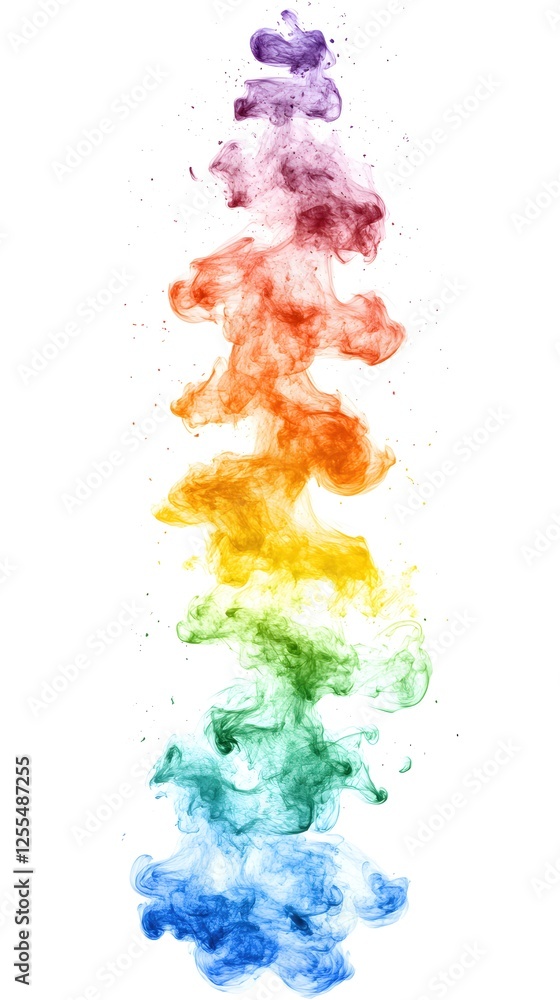 Fototapeta premium Rainbow Colored Ink Cloud Forming an Abstract Tower on White Background Artistic Display