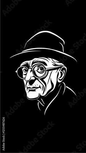 Black and white illustration of an elderly man. Pensioner. Grandfather.