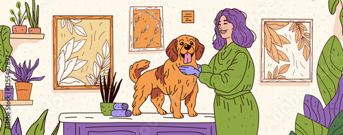 Dog grooming scene with woman smiling. Cozy room with plants and framed art. Dog on table receiving care. Warm colors and detailed decor. Perfect for pet care content