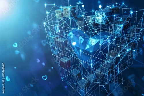 Heart Shaped Structure Made of Glowing Cubes Surrounded by a Vibrant Digital Grid at Night