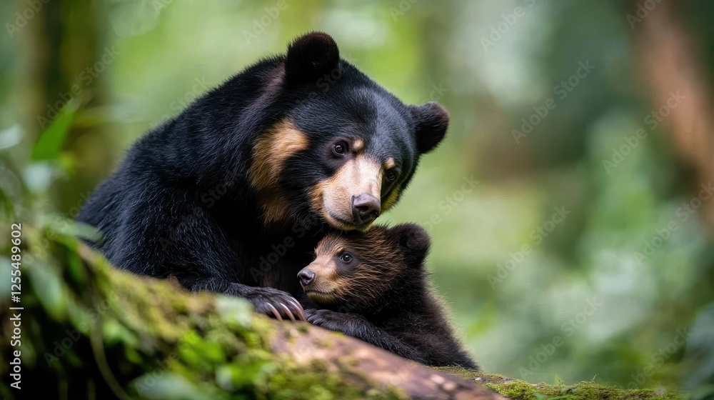 A bear and its cub cuddle tenderly in a rich green wilderness, showcasing their deep bond. This heartwarming scene evokes feelings of love and tranquility in nature. A bear and its cub cuddle tenderly in a rich green wilderness, showcasing their deep bond. This heartwarming scene evokes feelings of love and tranquility in nature.