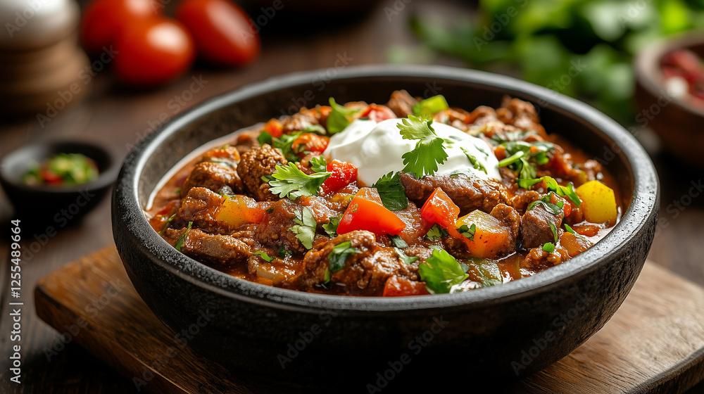 A hearty bowl of chili con carne, slow-cooked beef, beans, and spices, served with jalapeГ±os and sour cream. A hearty bowl of chili con carne, slow-cooked beef, beans, and spices, served with jalapeГ±os and sour cream.