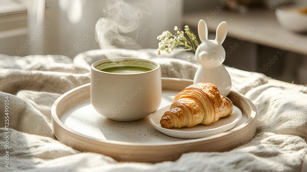Cozy breakfast: matcha latte, croissant, and bunny decor on a tray, perfect for a relaxing morning. Cozy breakfast: matcha latte, croissant, and bunny decor on a tray, perfect for a relaxing morning.