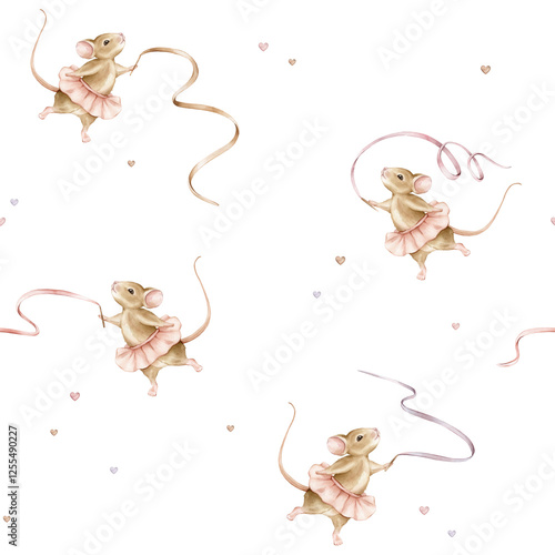 Seamless watercolor pattern with mouse ballerina with ribbon in a pink tutu. Illustration of background for nursery wallpaper, baby decor, textiles, or children paper with beige animals.