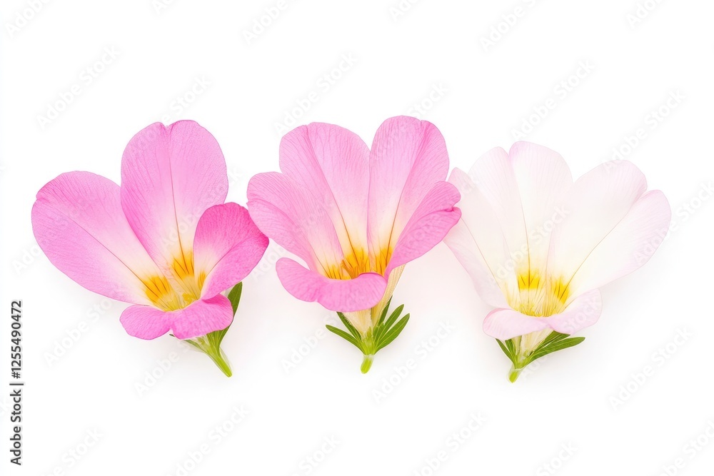 Fototapeta premium Three vibrant flowers in pink and white, showcasing delicate petals and green stems