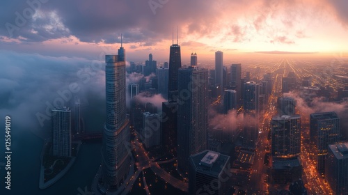 Aerial view of Chicago skyline at sunset through clouds. Possible use Stock photo for travel, tourism, or city guides photo