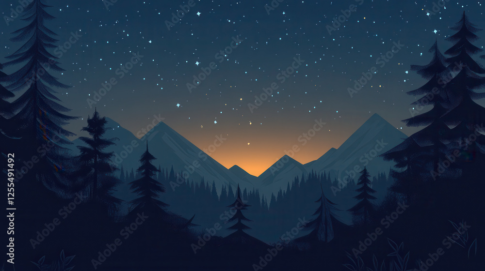 Naklejka premium serene night landscape featuring mountains and starry sky, evoking tranquility and wonder
