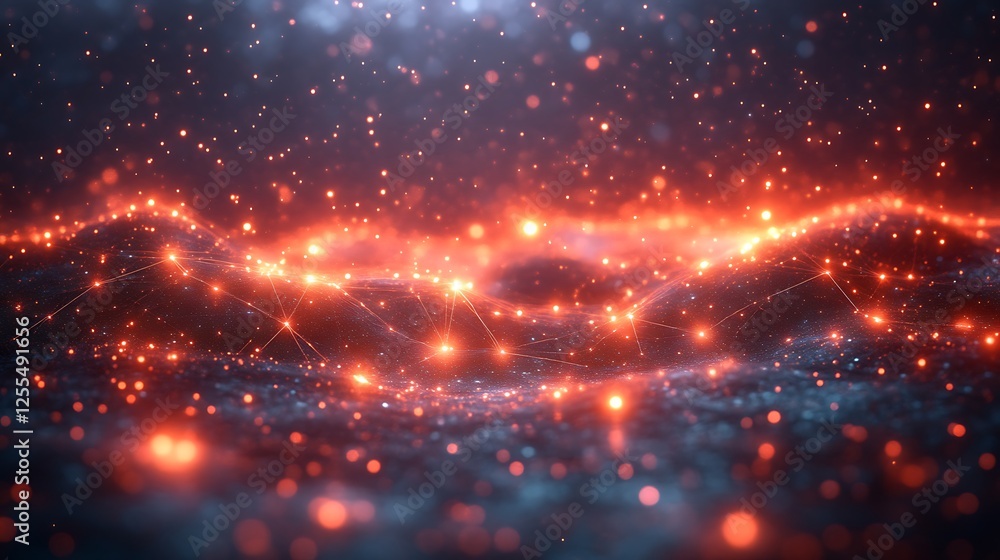 Obraz premium Glowing Network Over Dark Wavy Surface