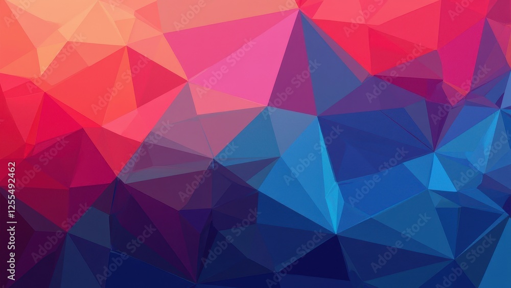 Obraz premium Vibrant close-up of a polygonal tapestry where red-orange gradients transition into a striking pink-blue harmony at the bottom, against an electric blue backdrop