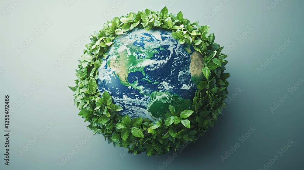 3D illustration of a globe formed by green leaves and flowers, minimalistic isolated Earth, representing nature and environmental care 3D illustration of a globe formed by green leaves and flowers, minimalistic isolated Earth, representing nature and environmental care
