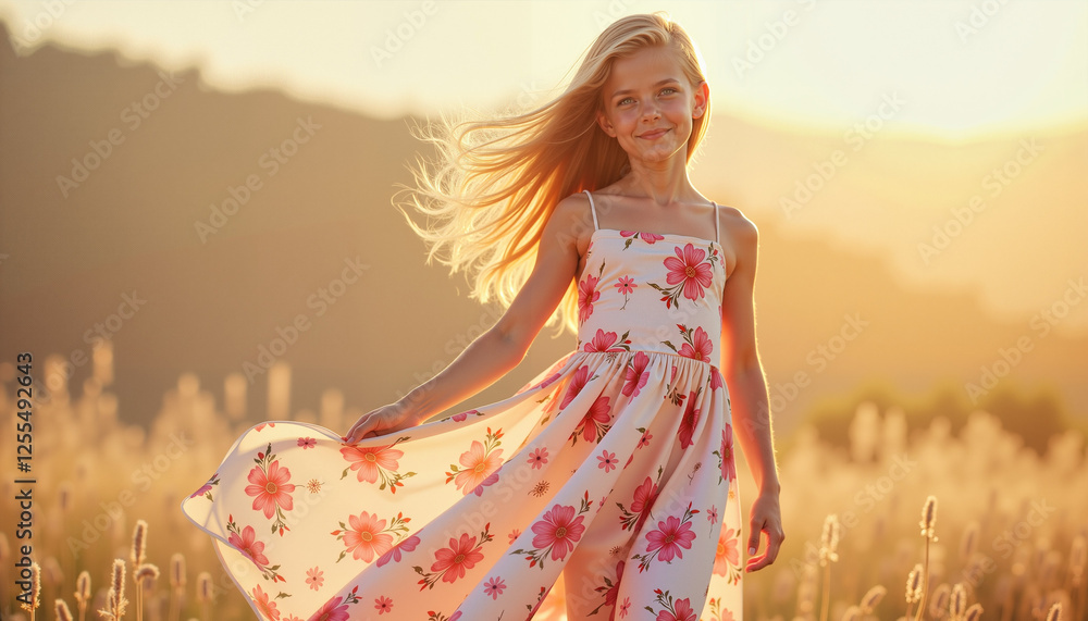 Girl wearing floral sundress standing in a field at sunset Girl wearing floral sundress standing in a field at sunset