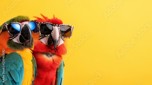 Two enchanting parrots, one green and one red, wearing stylish sunglasses, add a lively touch to a bright yellow backdrop, symbolizing fun and the tropical spirit. photo