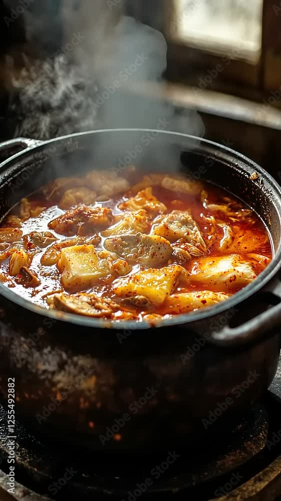 Steaming pot of spicy stew cooking on a stove Steaming pot of spicy stew cooking on a stove