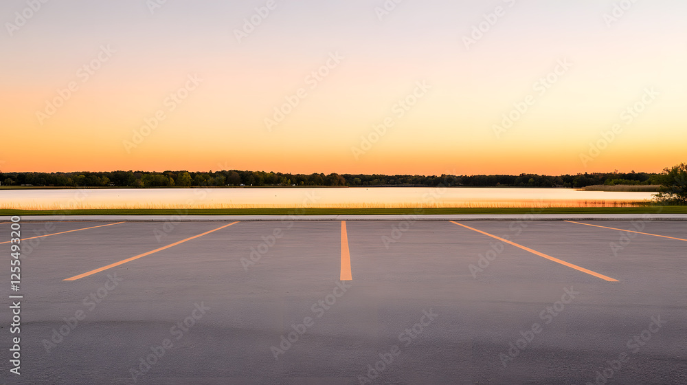 Fototapeta premium A quiet, empty parking lot beside a tranquil lake at sunset. The sky is painted in hues of orange and pink, reflecting in the calm waters nearby. The asphalt, untouched by cars, appears pristine,