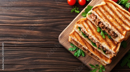 Golden grilled sandwich filled with pulled meat, showcasing juicy flavors and fresh herbs, a perfect choice for a filling lunch or dinner at a casual gathering. photo