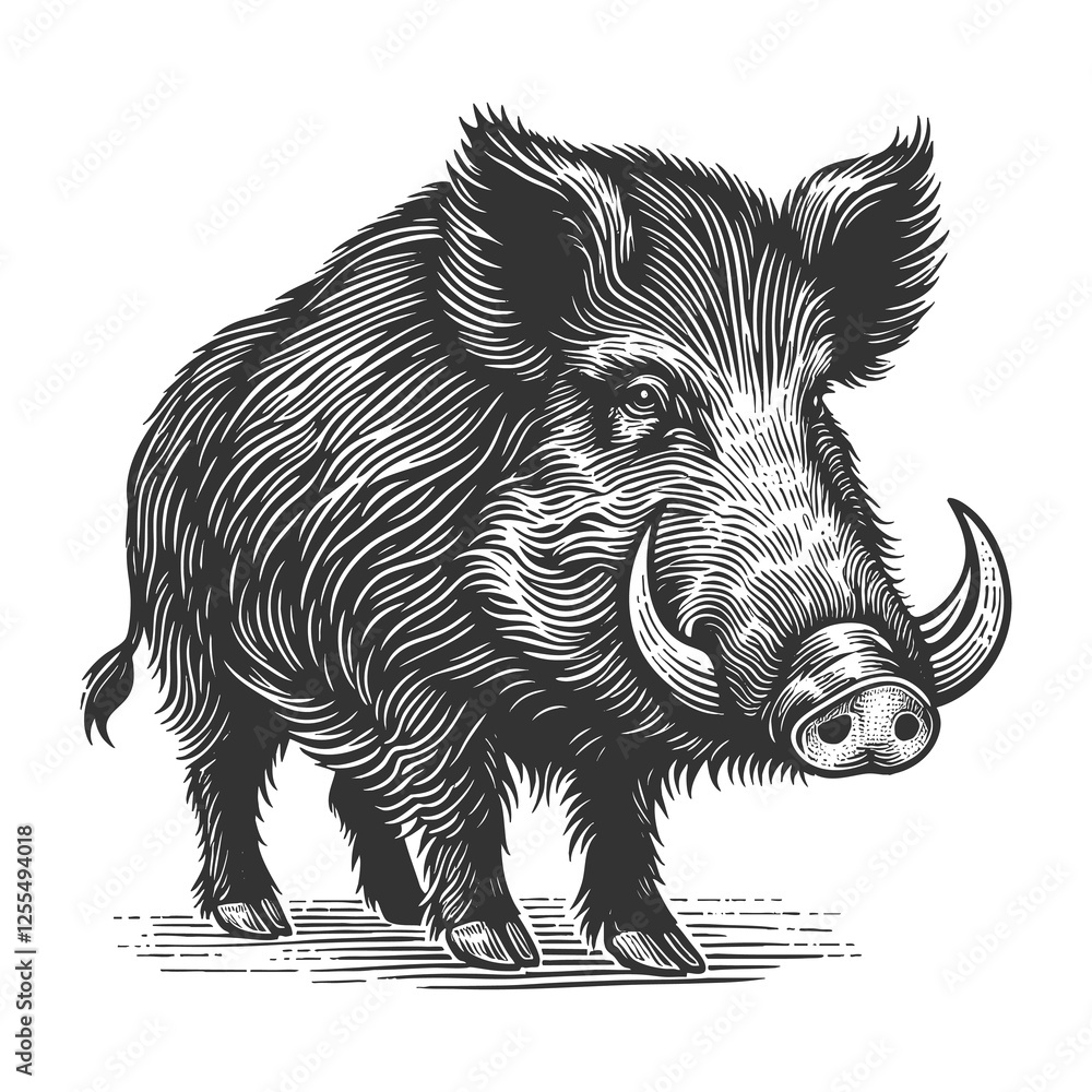 Wild Boar in Motion engraving raster illustration Wild Boar in Motion engraving raster illustration