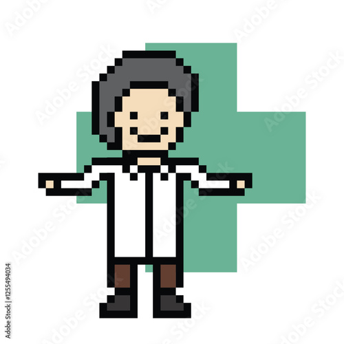Cute pixel cartoon 8bit character man doctor or scientist game care for decoration pharmacist male doctor uniform in hospital 8 bit male pixel art game 8bit png vector.
