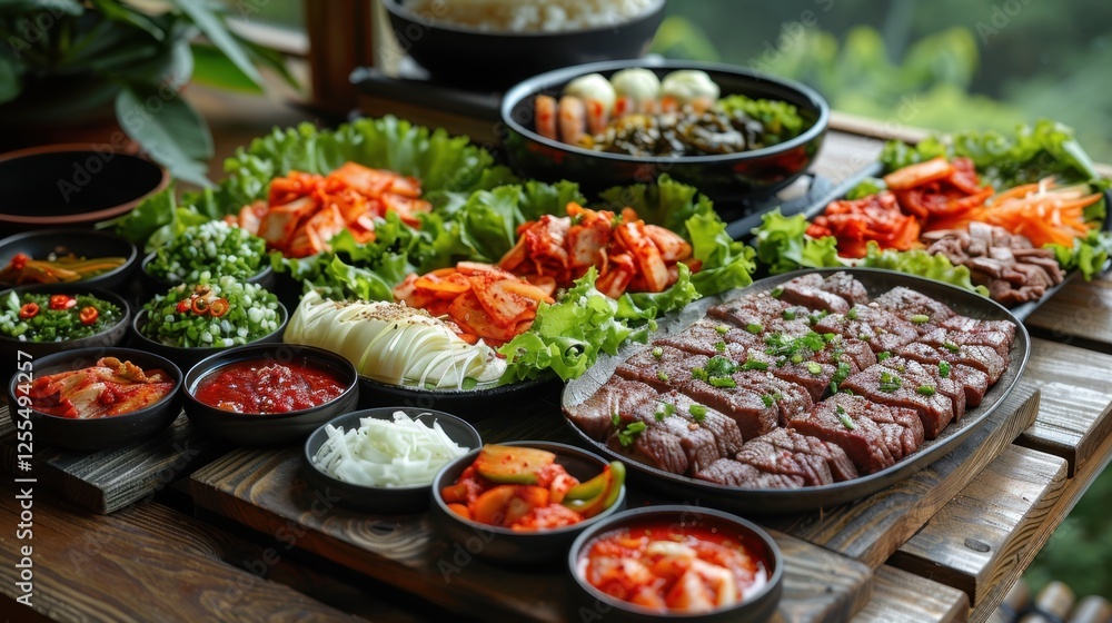Obraz premium A hot Korean BBQ table with sizzling beef, fresh lettuce wraps, and spicy kimchi