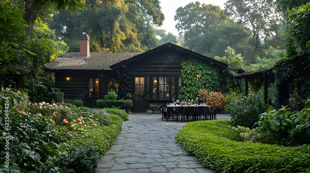Fototapeta premium Rustic Log Cabin With Patio And Garden In Summer Evening