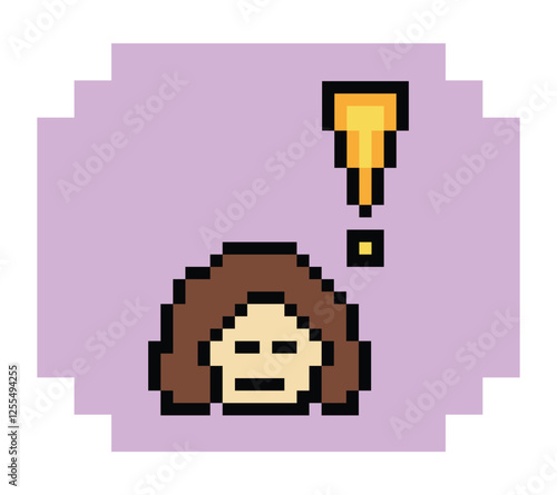 Cute pixel cartoon character woman notice with exclamation mark decoration 8 bit female girl lady surprise idea exclamation alert cartoon pixel game 8bit png vector.