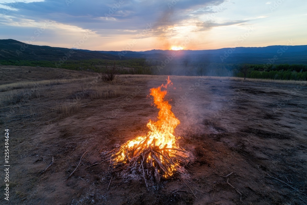 Fototapeta premium A small bonfire crackling at dusk on an open field, creating an atmospheric scene that emphasizes tranquility and the beauty of nature against a fading sky.