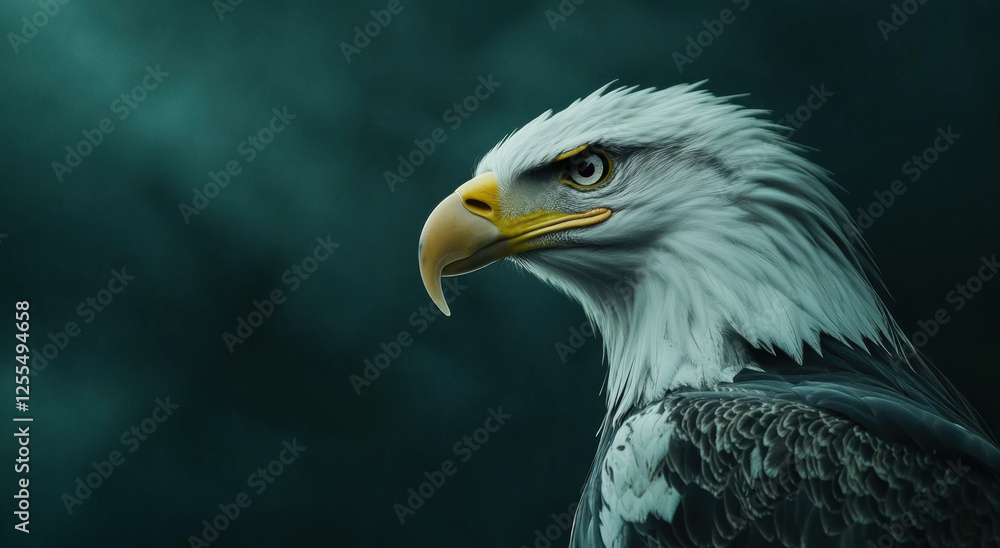 Obraz premium Close-up of an eagle's head turned elegantly, revealing its sharp beak and striking eyes in a dramatic setting