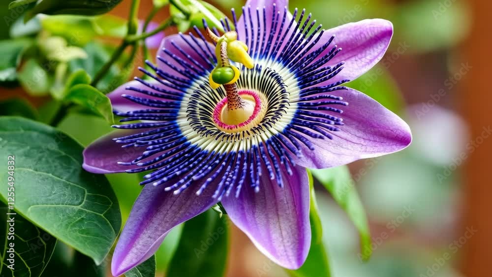 Vibrant passion flower blooming against a backdrop of green leaves in a sunny garden setting Vibrant passion flower blooming against a backdrop of green leaves in a sunny garden setting