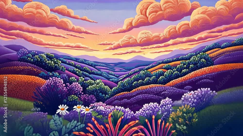 Vibrant sunset over rolling hills with colorful flowers under a sky filled with clouds Vibrant sunset over rolling hills with colorful flowers under a sky filled with clouds