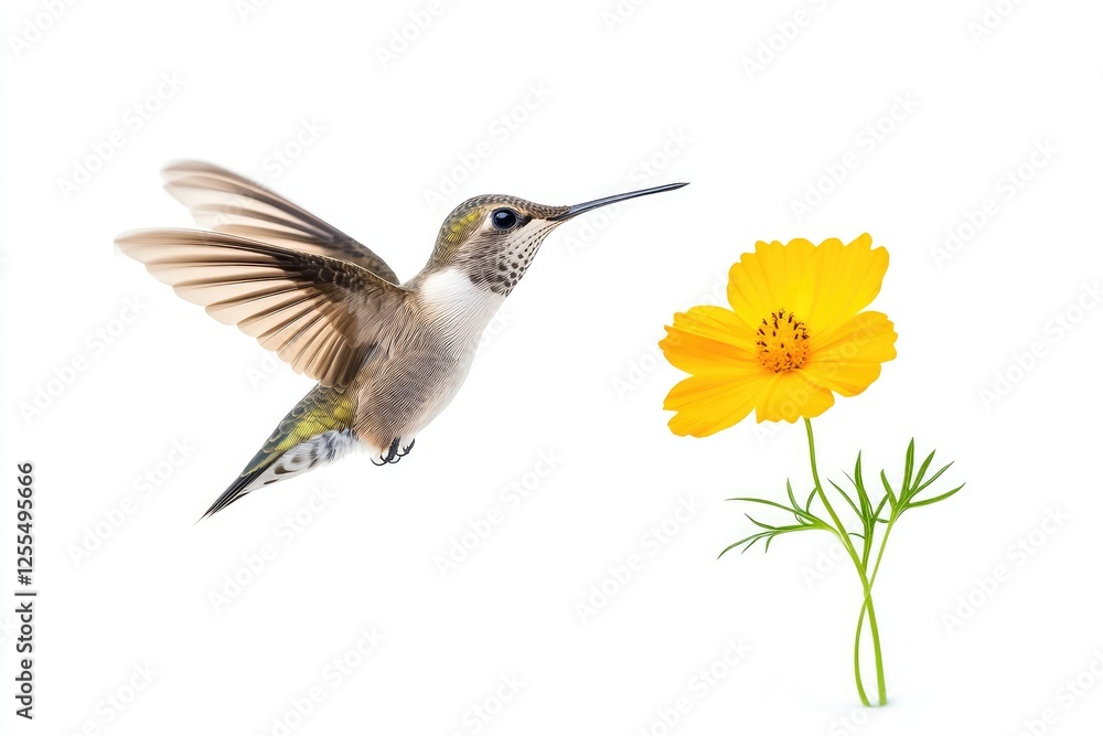 Fototapeta premium Hummingbird hovering near vibrant yellow flower against a white background