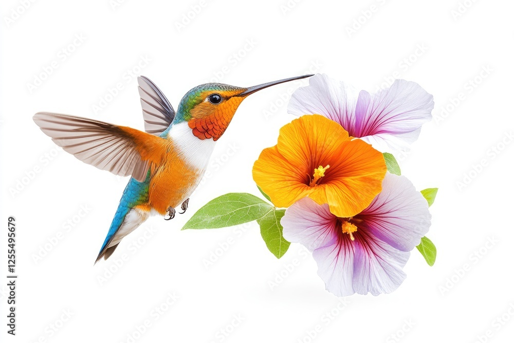 Obraz premium Vibrant Hummingbird Hovering Near Colorful Flowers in a Bright Setting