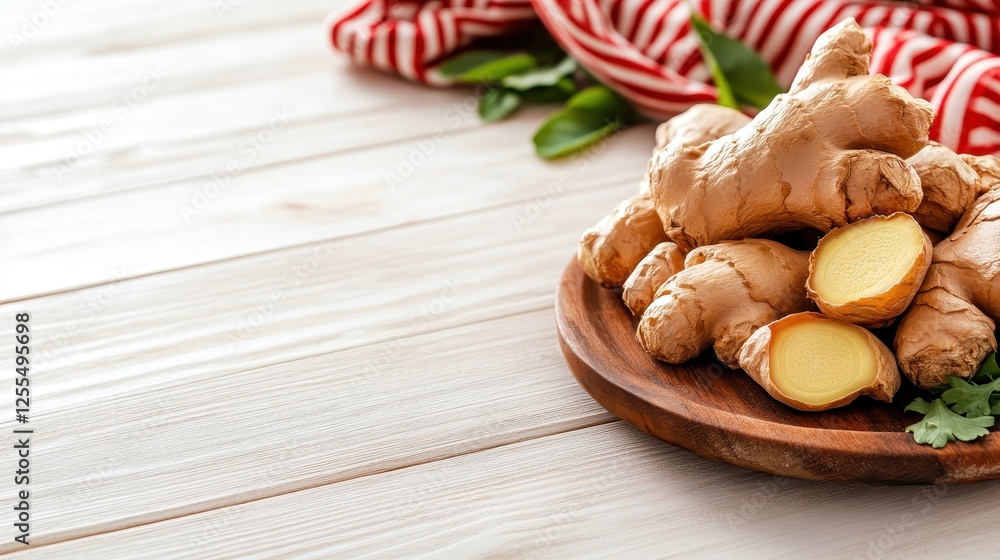 This image showcases fresh ginger roots displayed on a wooden board, highlighting their natural texture and vibrant color, ideal for culinary uses or health benefits. This image showcases fresh ginger roots displayed on a wooden board, highlighting their natural texture and vibrant color, ideal for culinary uses or health benefits.