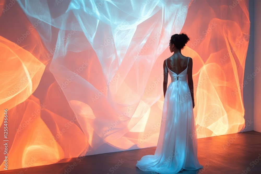Fototapeta premium A woman in a white gown stands before a vibrant, flowing orange and blue textile backdrop.