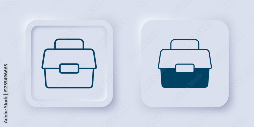 Filled and outline Case or box container for wobbler and gear fishing equipment icon isolated on grey background. Fishing tackle. Square button. Vector Filled and outline Case or box container for wobbler and gear fishing equipment icon isolated on grey background. Fishing tackle. Square button. Vector