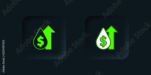 Green Oil price increase icon isolated on black background. Oil industry crisis concept. Black square button. Vector