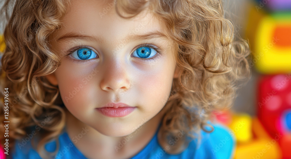 Little girl with curly hair and striking blue eyes looks playfully at the camera while surrounded by vibrant toys in a cozy room setting Little girl with curly hair and striking blue eyes looks playfully at the camera while surrounded by vibrant toys in a cozy room setting