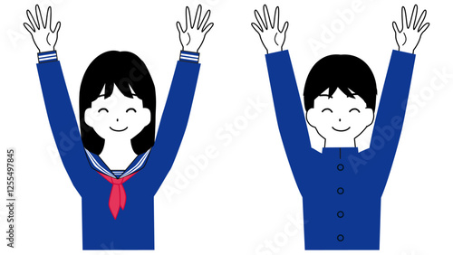 嬉しそうに万歳をしている制服を着ている男の子と女の子のイラスト