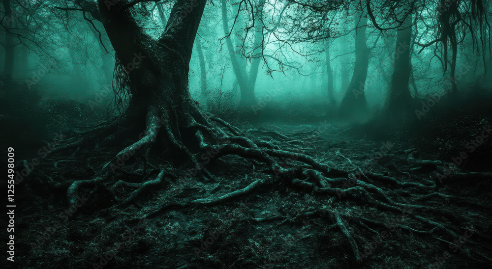 Naklejka premium Twisted roots and vines cover a dark forest floor, surrounded by misty trees, evoking a sense of mystery and enchantment
