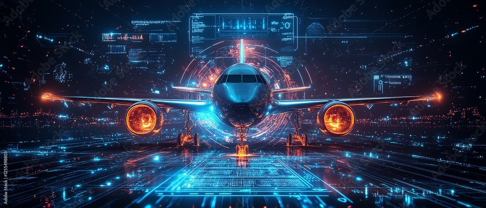 Obraz premium Futuristic airplane surrounded by digital interface, abstract aerospace and aeronautics design, centerfocused technology concept