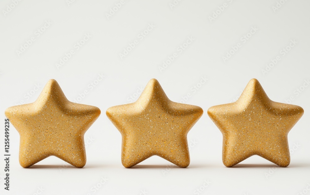 Three golden star shapes with a shimmering finish on a soft neutral background, perfect for decorative or celebratory themes. Three golden star shapes with a shimmering finish on a soft neutral background, perfect for decorative or celebratory themes.